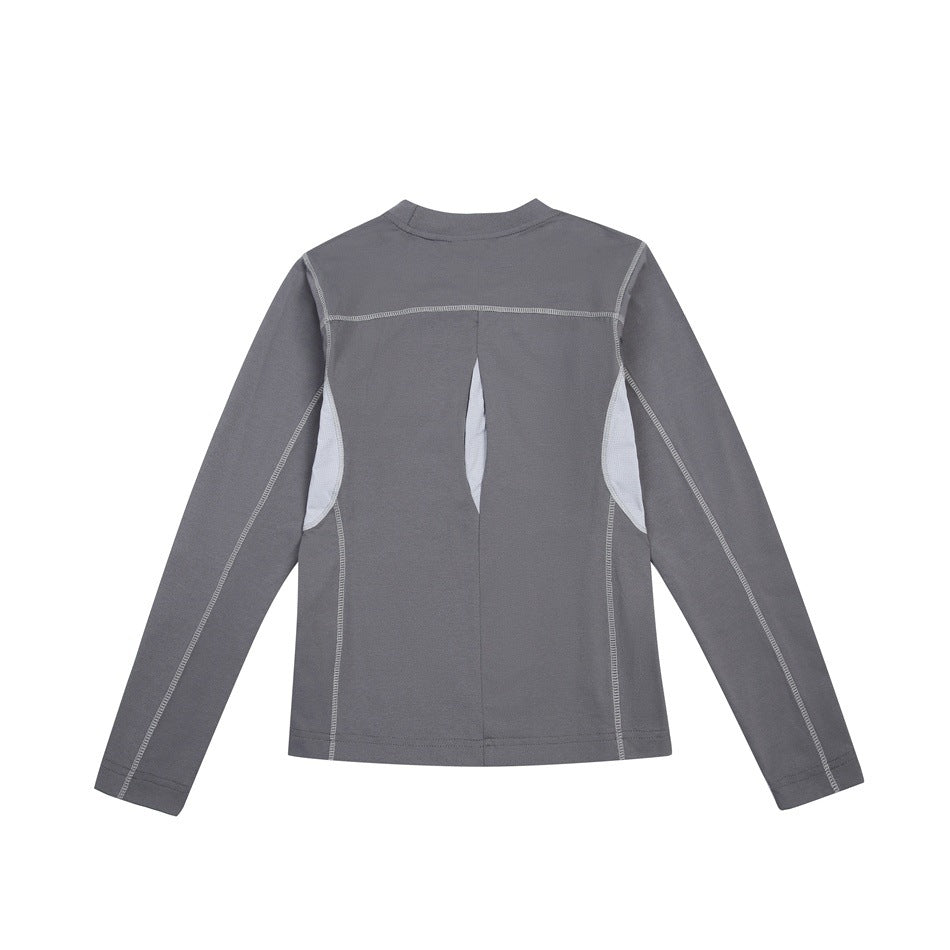 Back view of a gray long-sleeve top with contrast seams and pale side and center panels.