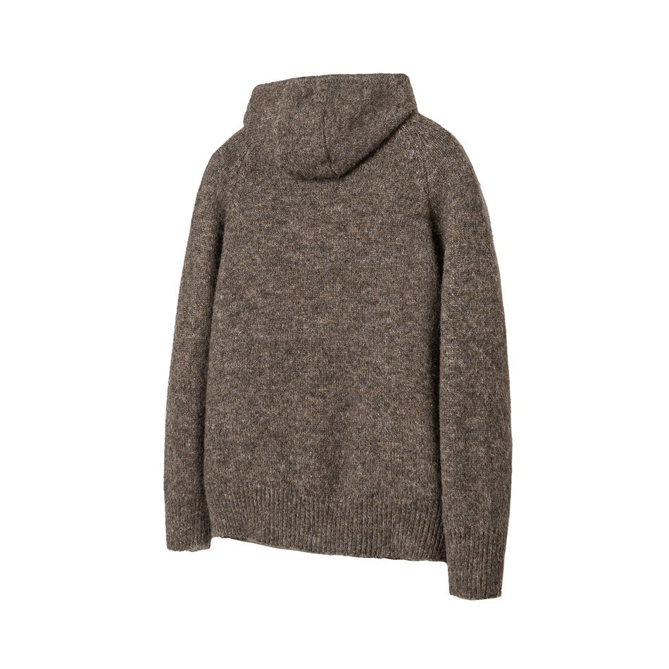 Back view of a brown long-sleeve knit sweater with a hood and ribbed hem and cuffs.
