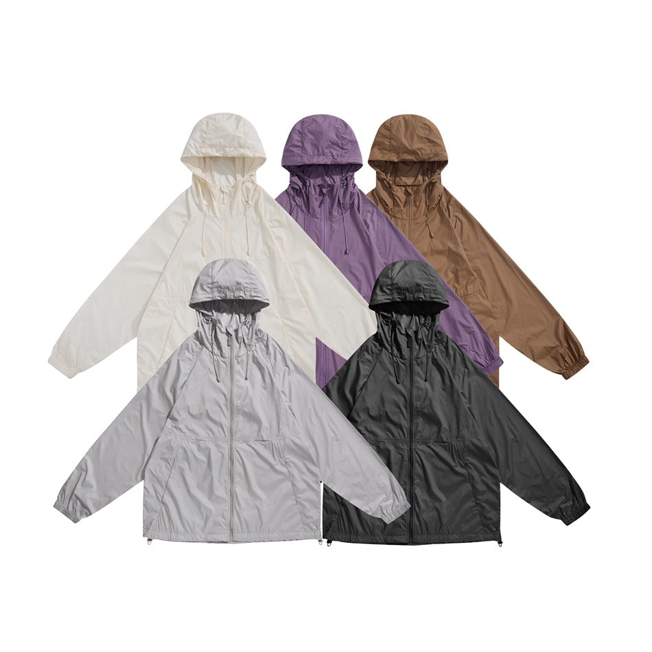 Five hooded zip jackets shown together in off-white, purple, brown, light gray and black.
