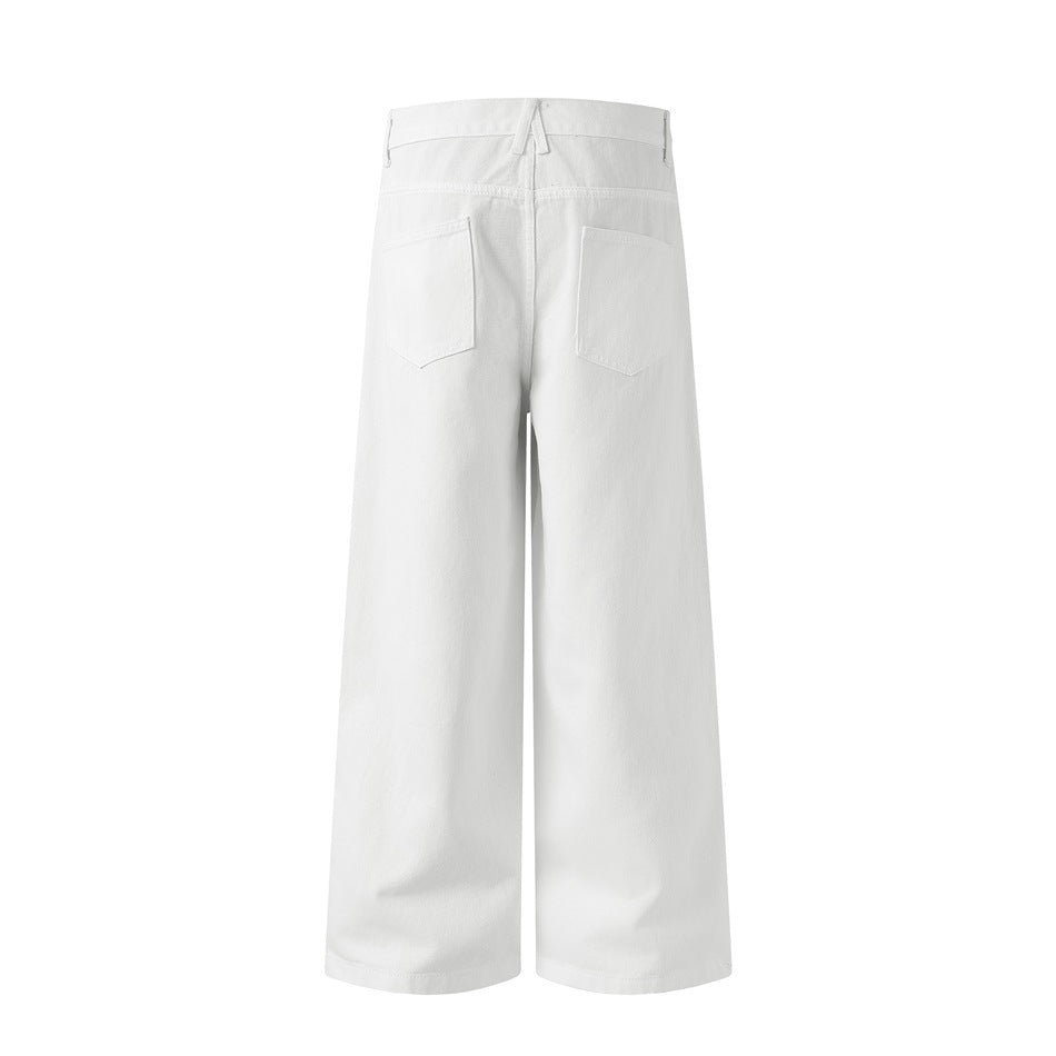 Full rear view of white wide-leg pants with two back patch pockets and belt loops.
