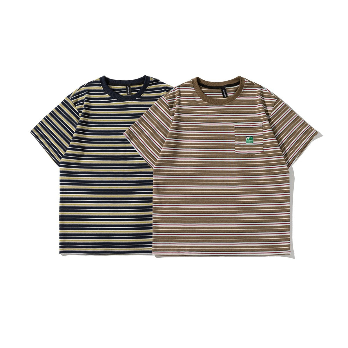 Two short-sleeve striped crew-neck T-shirts shown from the front: navy with yellow accents and brown with red accents.