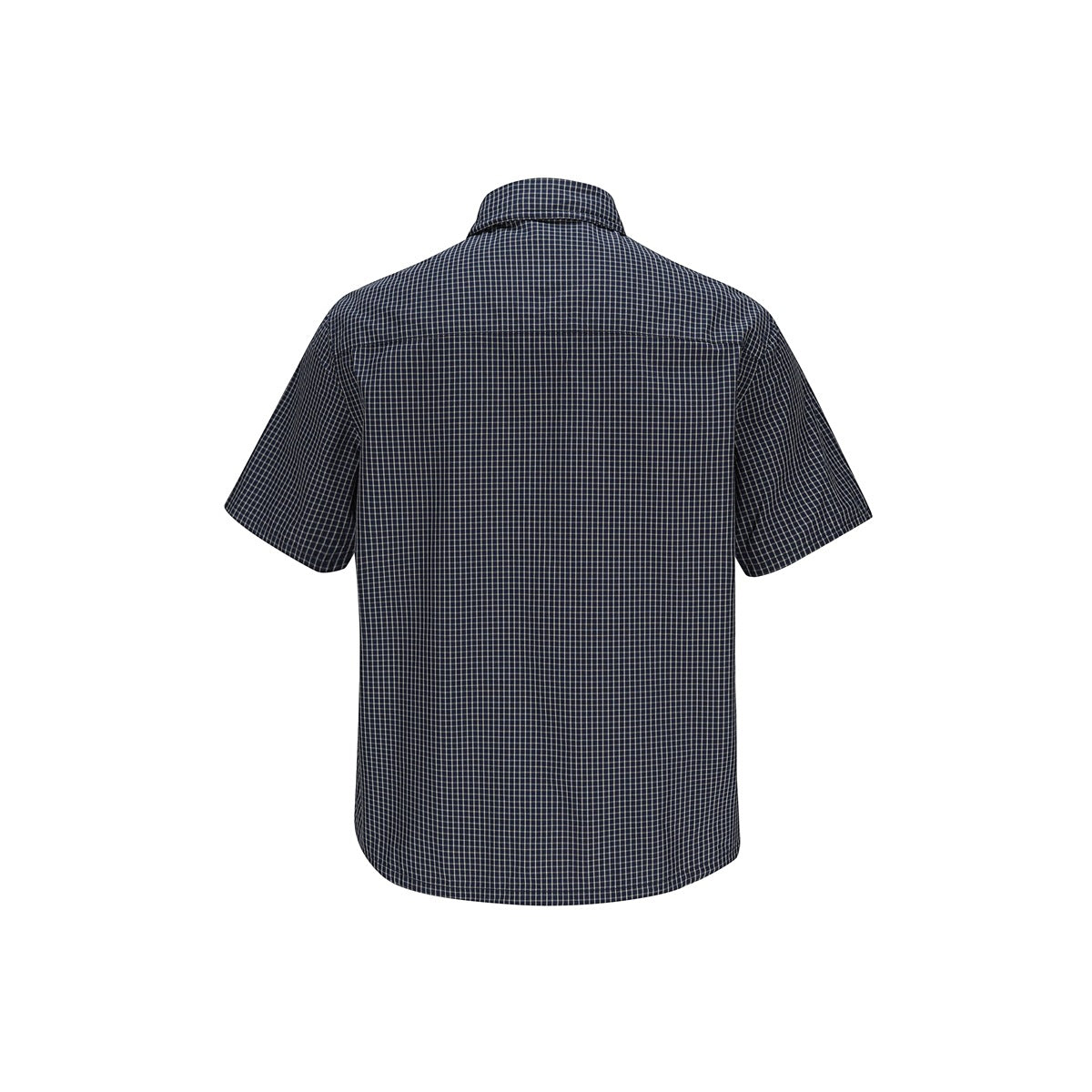 Back view of a dark navy short-sleeved shirt with a small white check pattern.