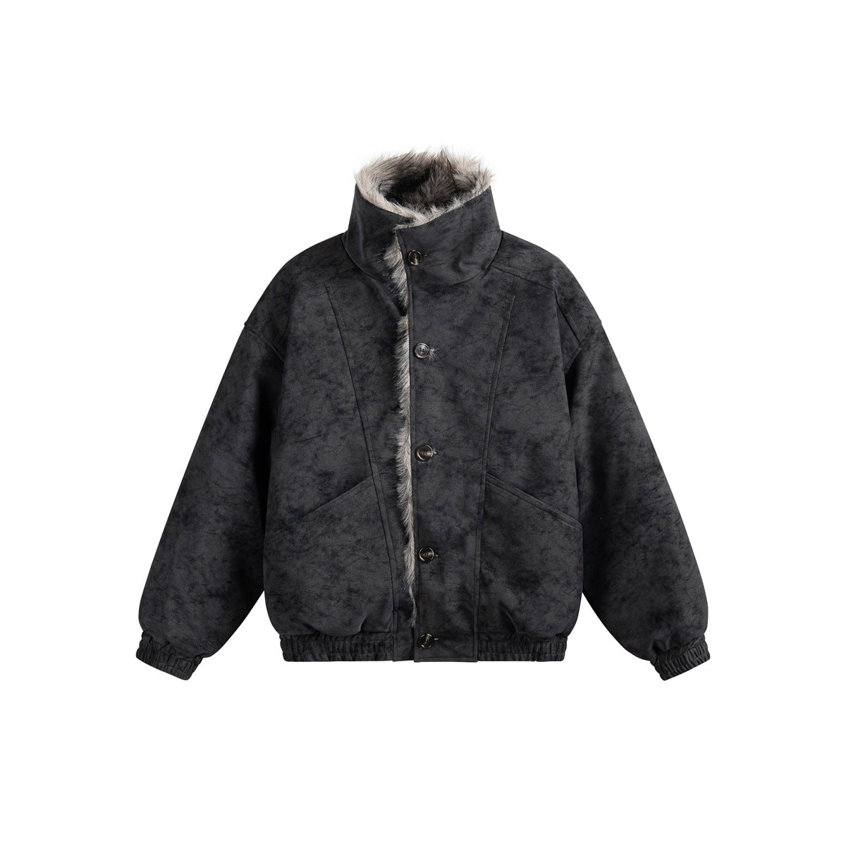 Charcoal mottled stand-collar button jacket with fleece-like pile trim, elastic cuffs and hem, flat front view