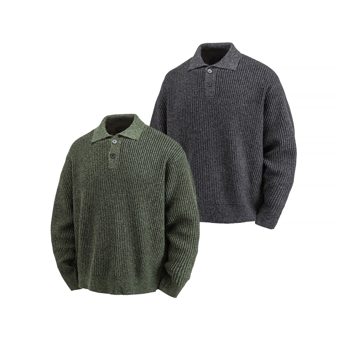 Two long-sleeved rib-knit polo sweaters shown together in olive green and charcoal gray.
