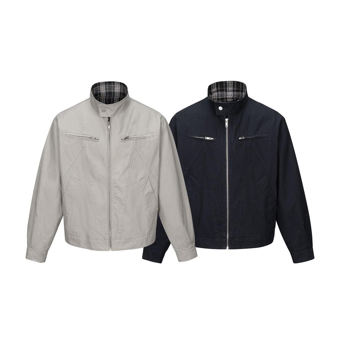 Two front views of a stand-collar jacket in light gray and dark navy, each with zip pockets and plaid lining.