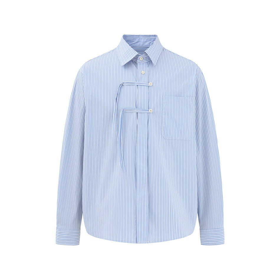 Blue striped long-sleeve shirt with collar, chest pocket and two button strap loops, flat front view