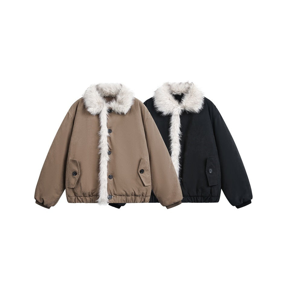 Two jackets displayed together: one taupe and one black, both with cream fur collars and front trim.