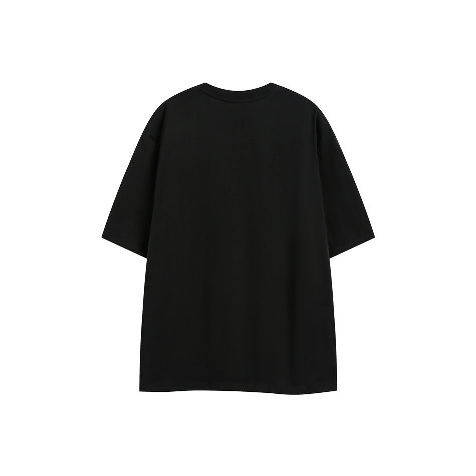 Plain black short-sleeve T-shirt shown from the back against a white background.