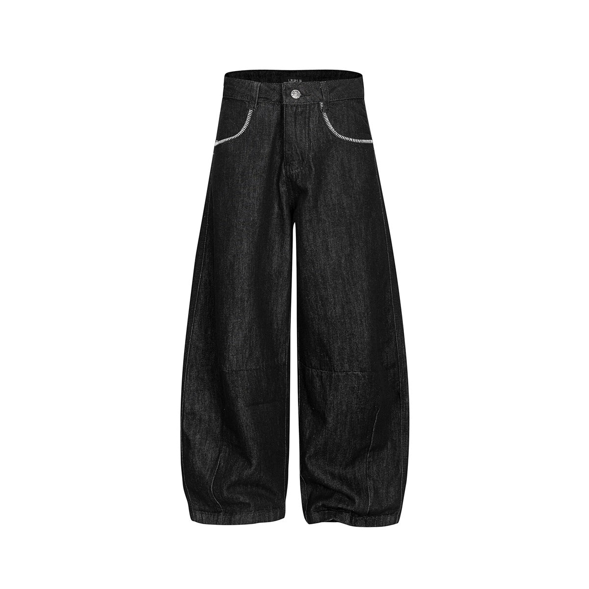 Black wide-leg barrel-shaped denim jeans, front view, with contrast stitching on the pocket edges