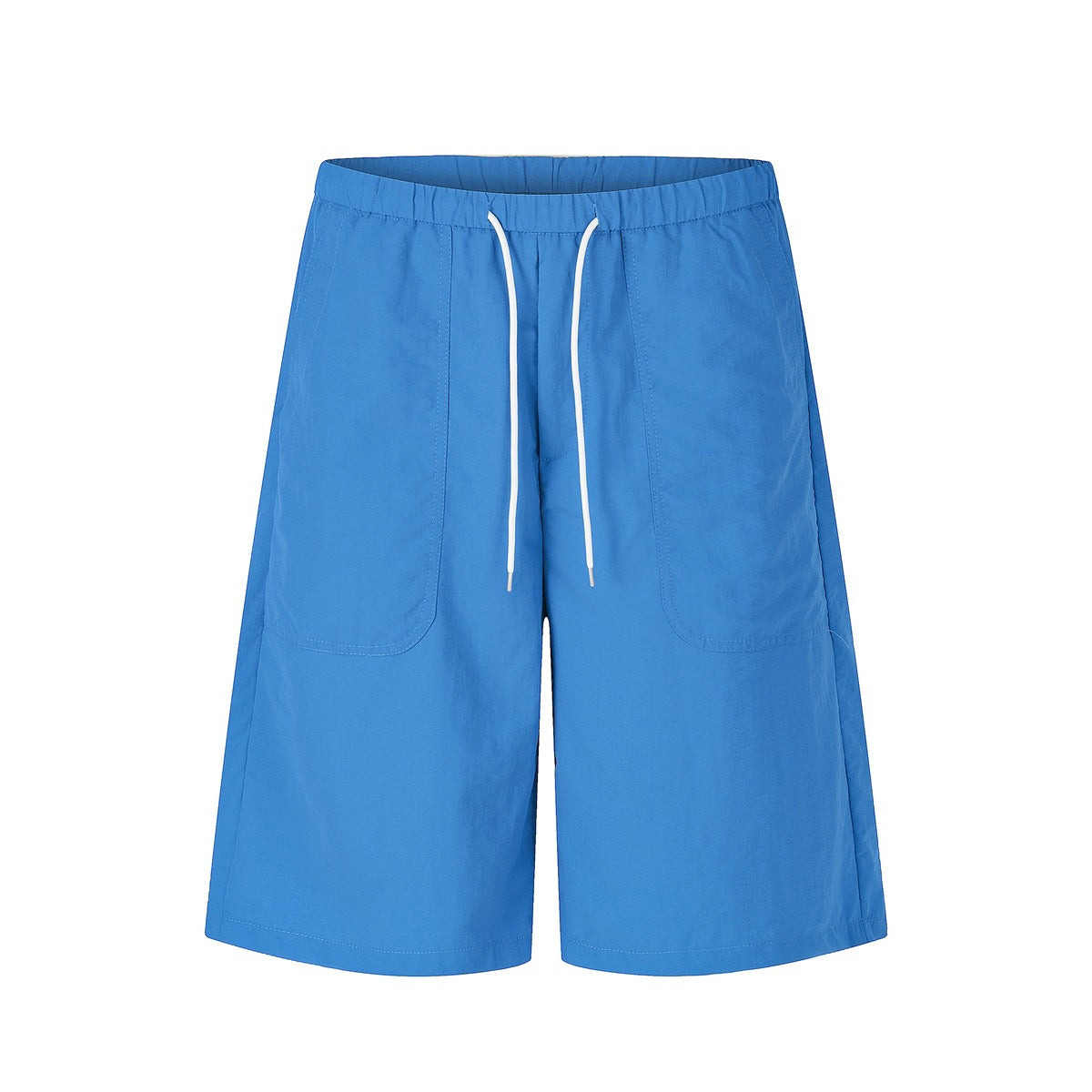 Bright blue knee-length shorts with elastic waist, white drawstring and large front patch pockets, front view