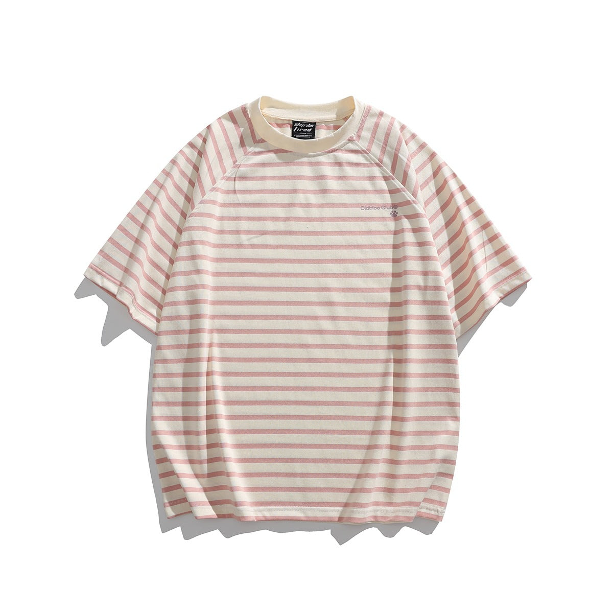 Pink and cream striped short-sleeve raglan crew-neck T-shirt laid flat, front view