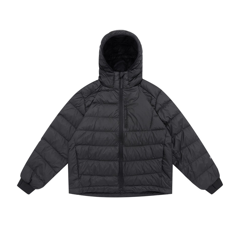 Black hooded quilted jacket flat lay with full front zipper and ribbed cuffs, front view