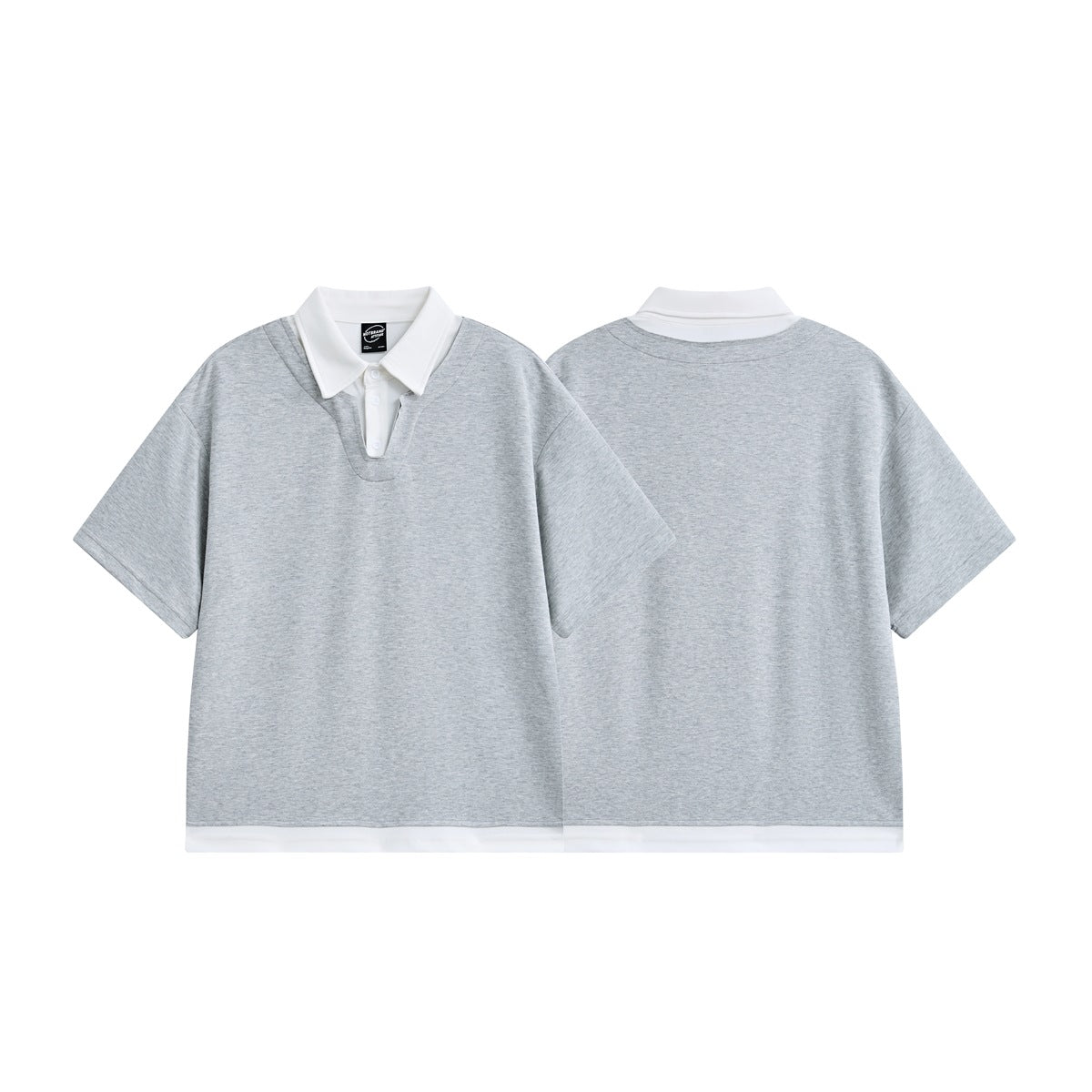 Heather gray short-sleeve polo shirt shown from the front and back, with a white collar and white hem trim.