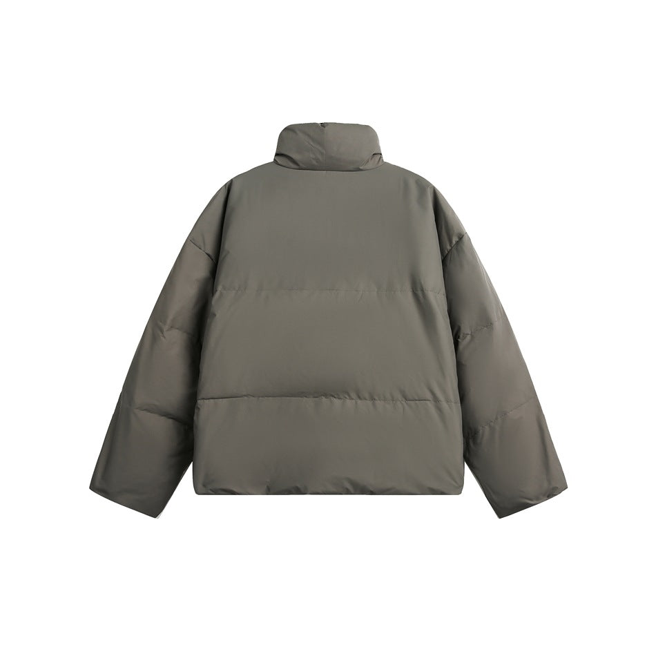 Khaki gray quilted stand-collar puffer jacket, back view, with horizontal quilting