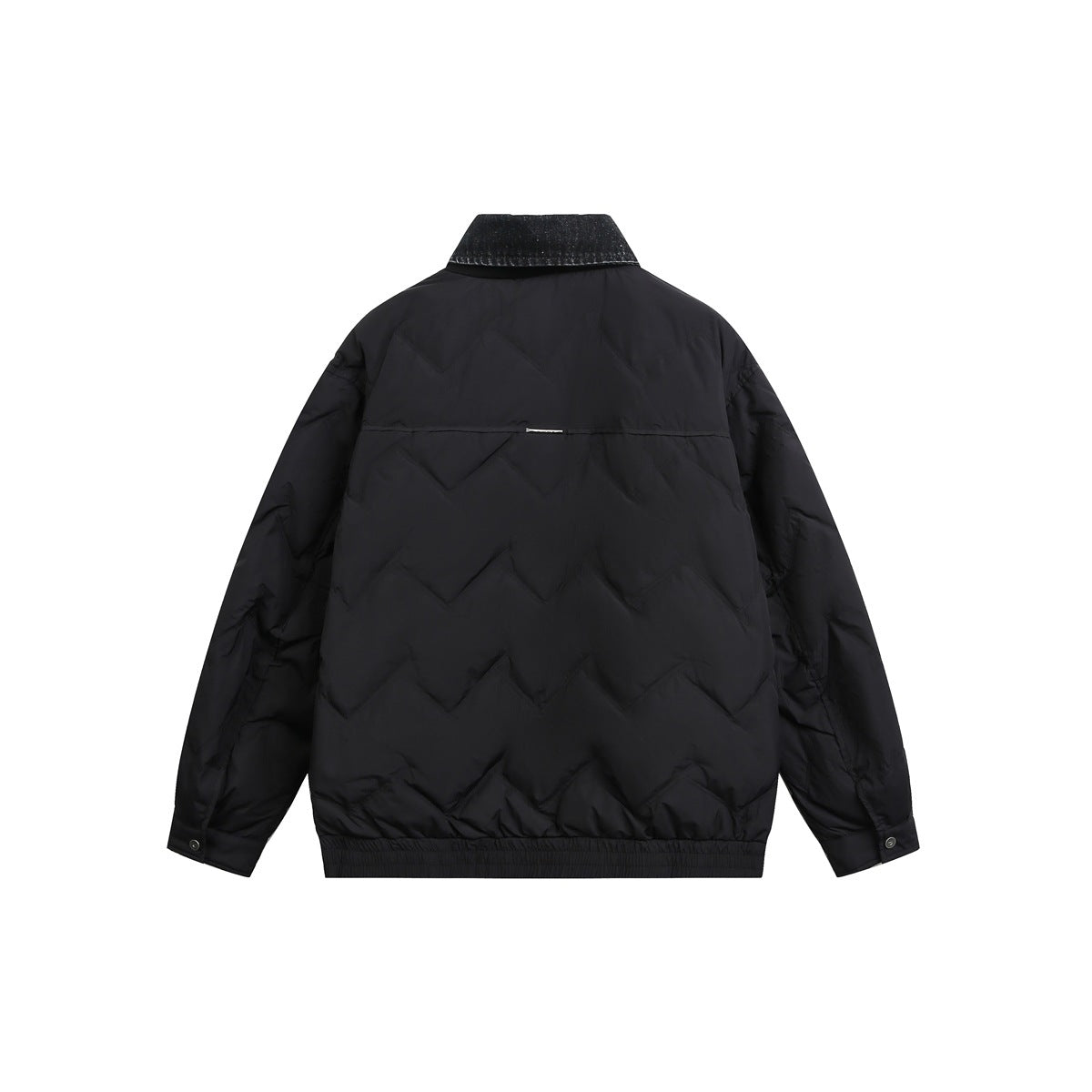 Back view of a black zigzag-quilted jacket with a black collar and elasticated hem.