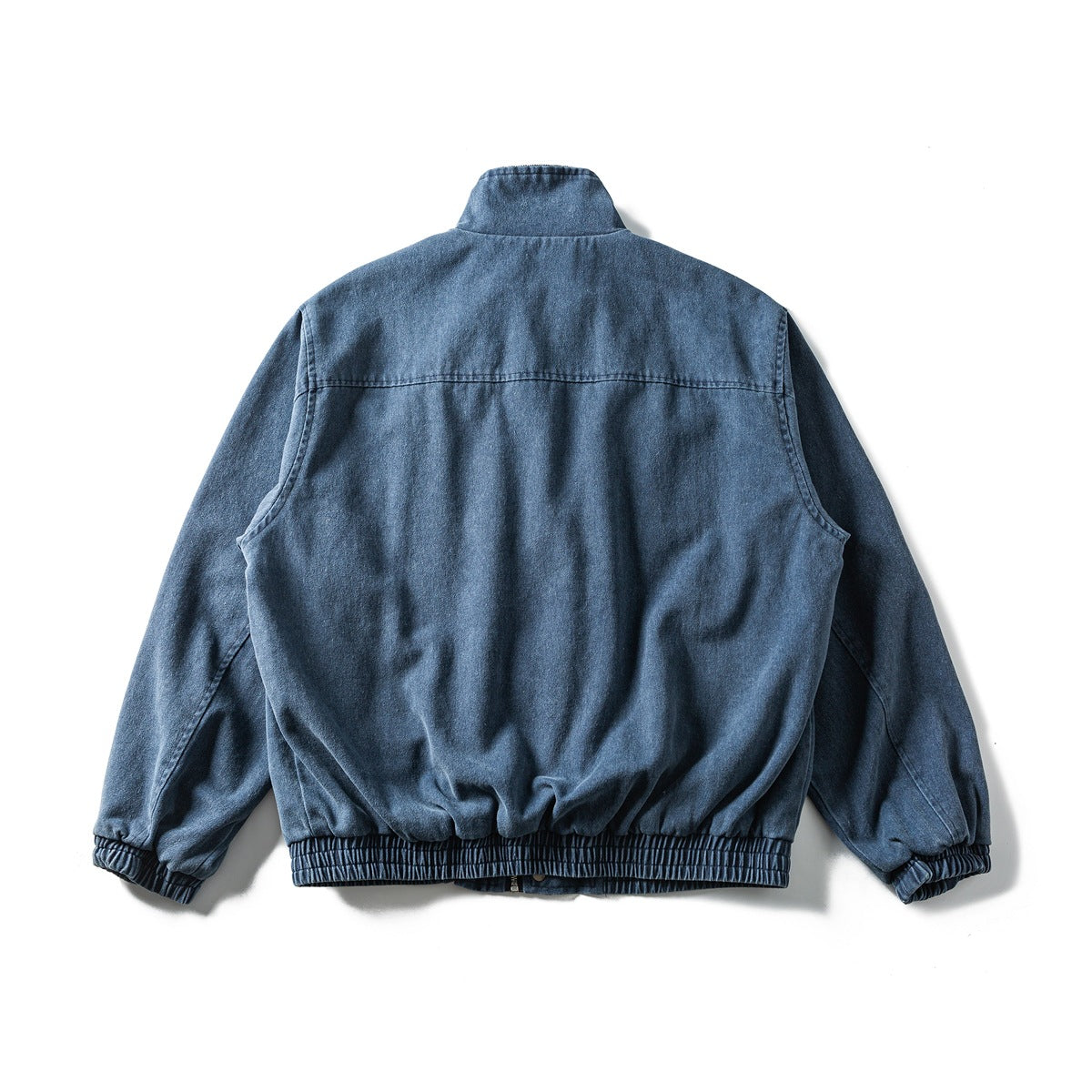 Back view of a blue stand-collar jacket with long sleeves and a gathered elastic hem and cuffs.