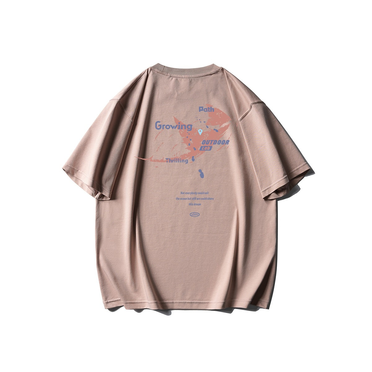 Blush pink short-sleeve T-shirt back view with coral and blue Growing Path OUTDOOR Lab graphic print