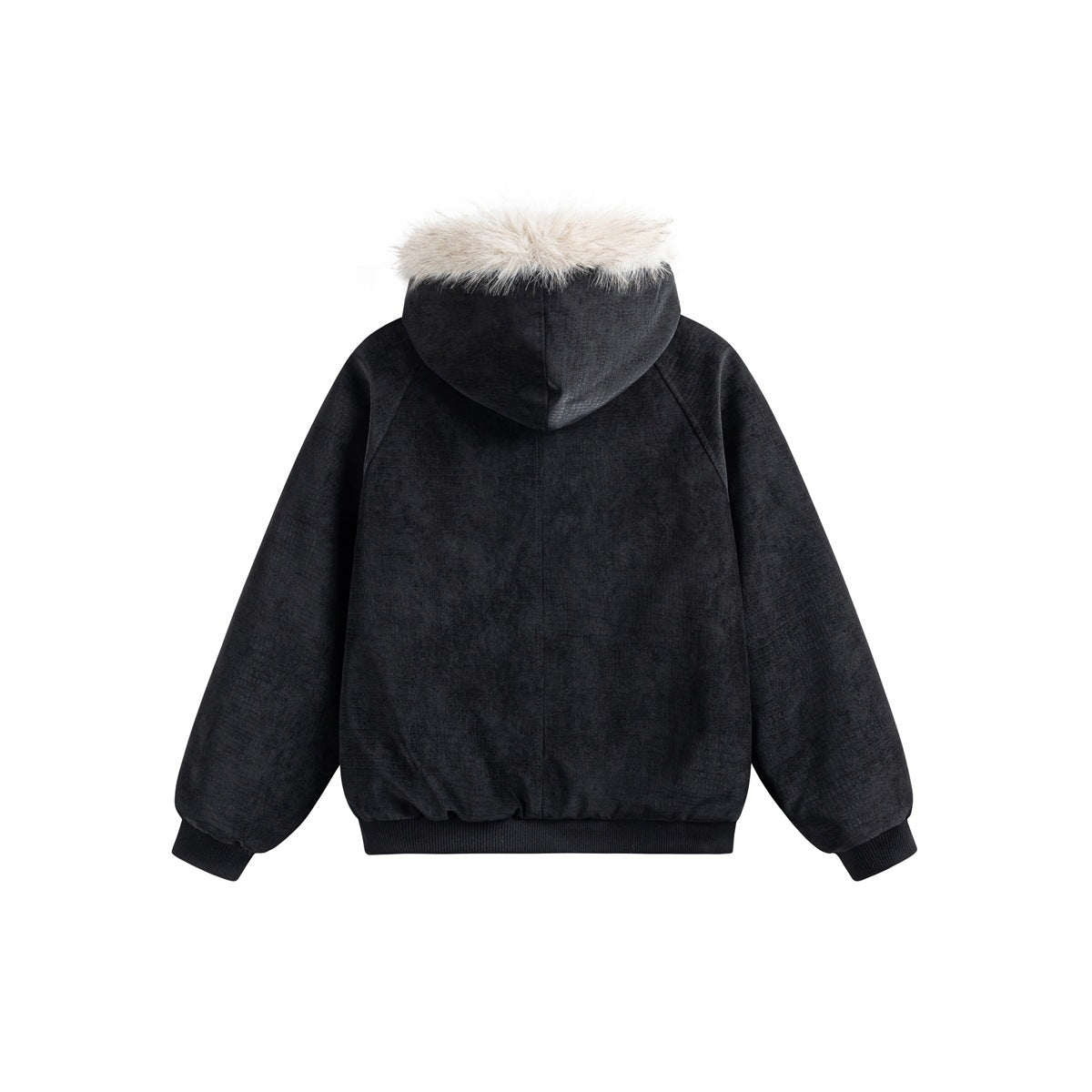 Back view of black hooded jacket with raglan sleeves, cream fur-like hood trim and ribbed hem and cuffs