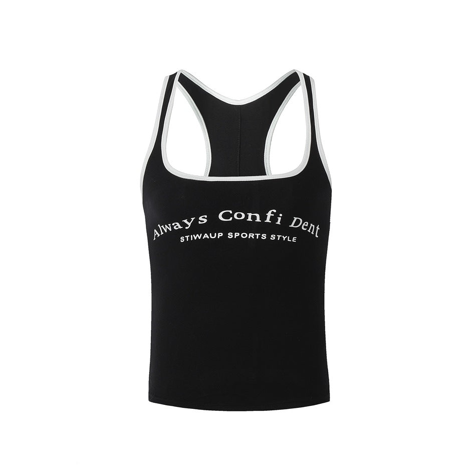 Black racerback tank top with light trim and white arched 'Always Confi Dent' chest print on white background