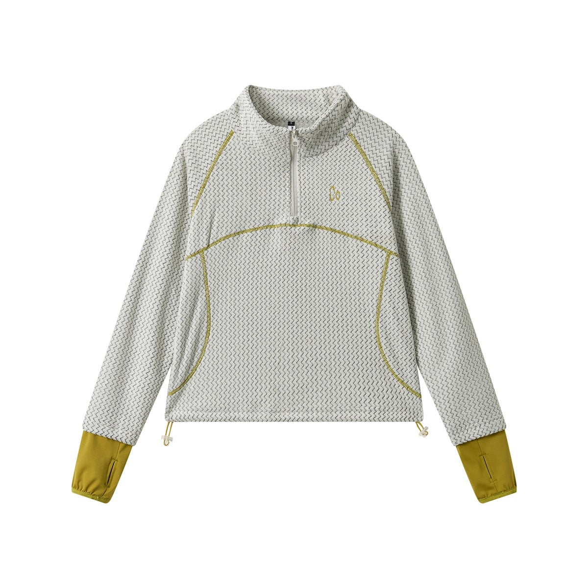 Light gray textured half-zip pullover with olive-yellow topstitching, cuffs with thumbholes and drawcord hem, front view