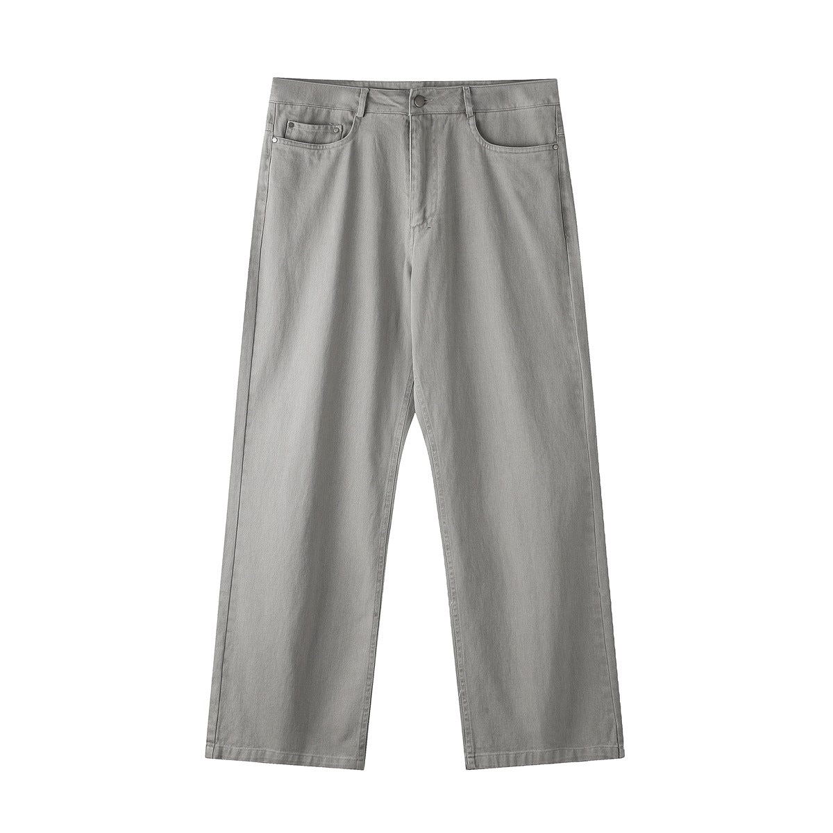 Light gray wide-leg five-pocket twill pants, flat front view