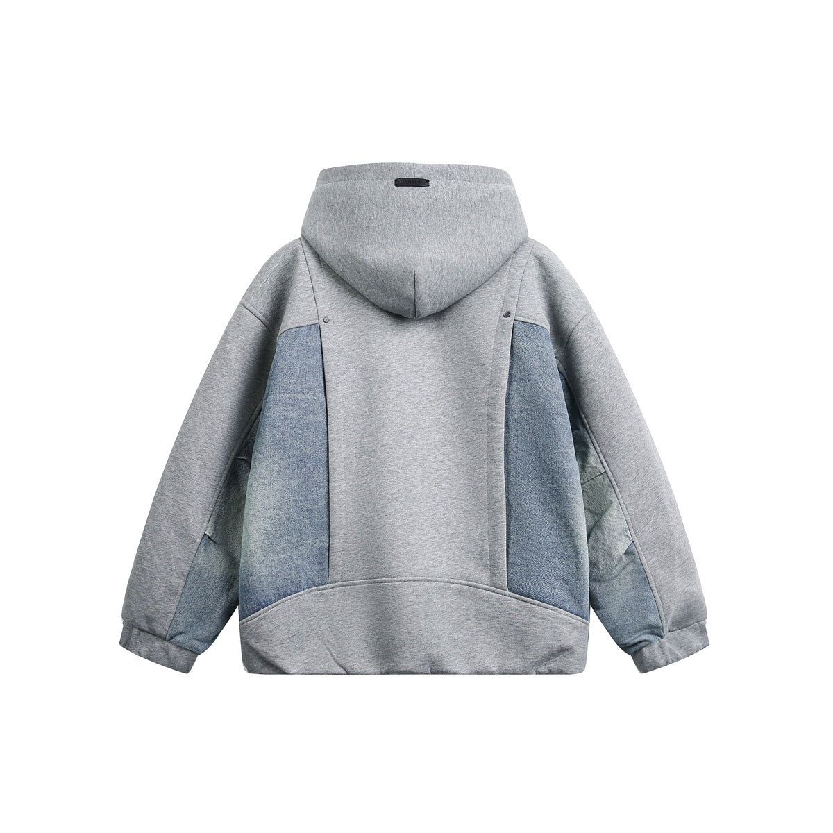Rear view of a gray hooded sweatshirt with blue contrasting side panels and a wide gray hem.