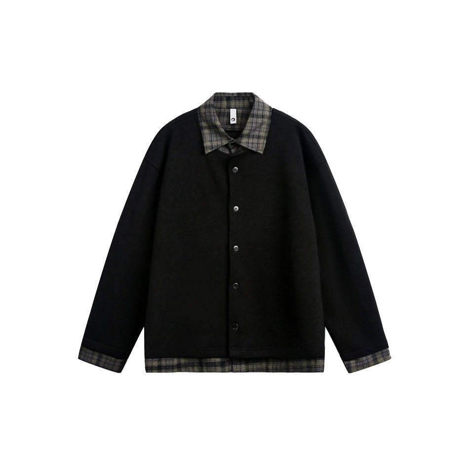 Black button-front jacket with plaid collar, cuffs and hem layered look, flat front view