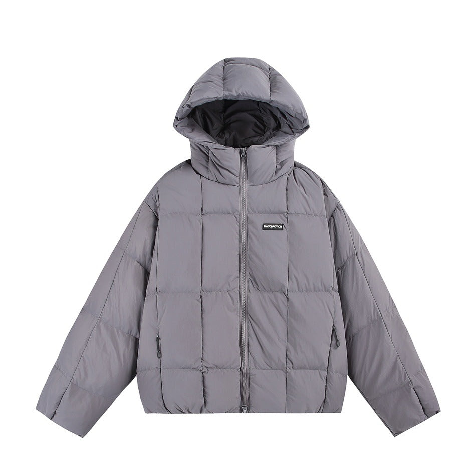 Gray hooded square-quilted puffer jacket with front zipper and side zip pockets, flat front view