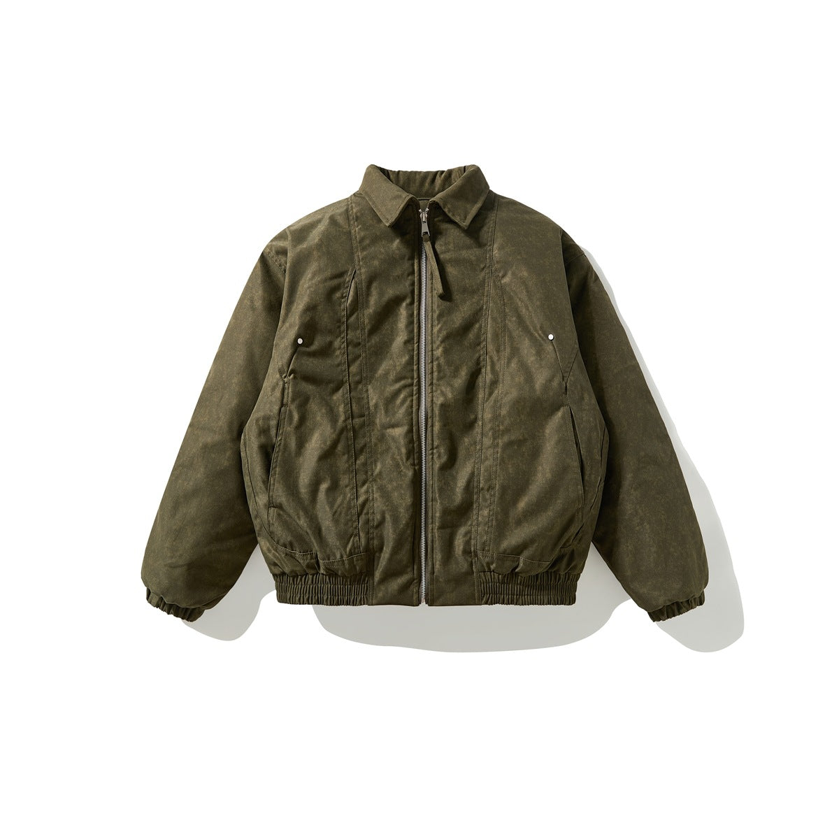Olive army-green zip-up collared padded jacket, flat lay front view, with rivet-accent pockets and elastic hem
