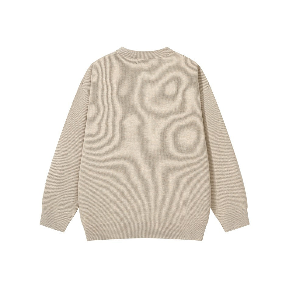 Back view of a light beige rib-knit cardigan with a crew neck, long sleeves, and ribbed cuffs and hem.