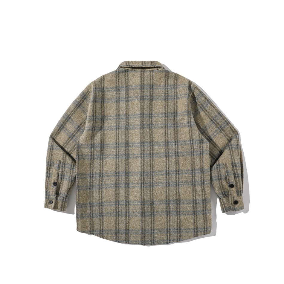 Back view of a tan and gray plaid button-up shirt with a pointed collar and buttoned cuffs, laid flat on white.