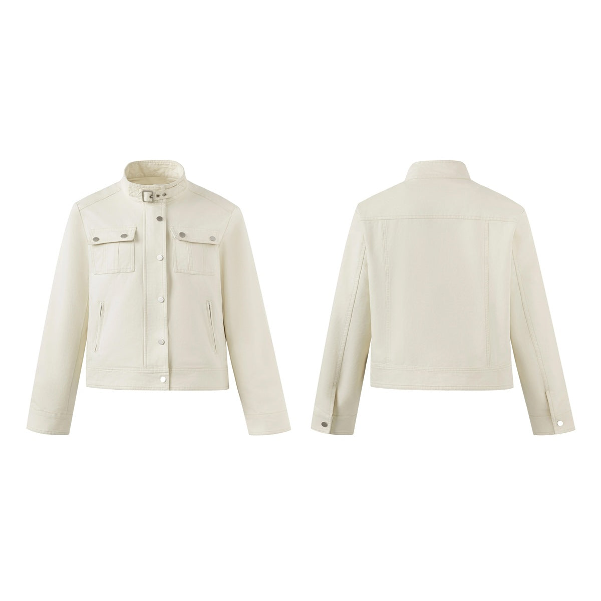 Ivory utility jacket shown from the front and back, with a stand collar, flap pockets, snaps, and zip pockets.