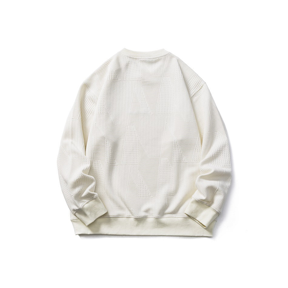Back view of cream crewneck sweatshirt with geometric textured pattern and ribbed cuffs and hem