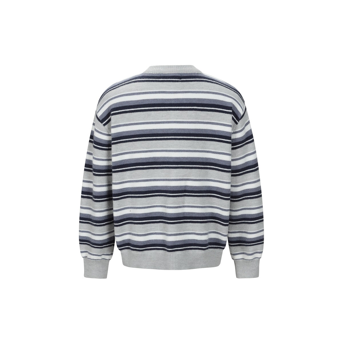 Back view of a light gray cardigan with horizontal white, blue-gray, and navy stripes and ribbed cuffs and hem.