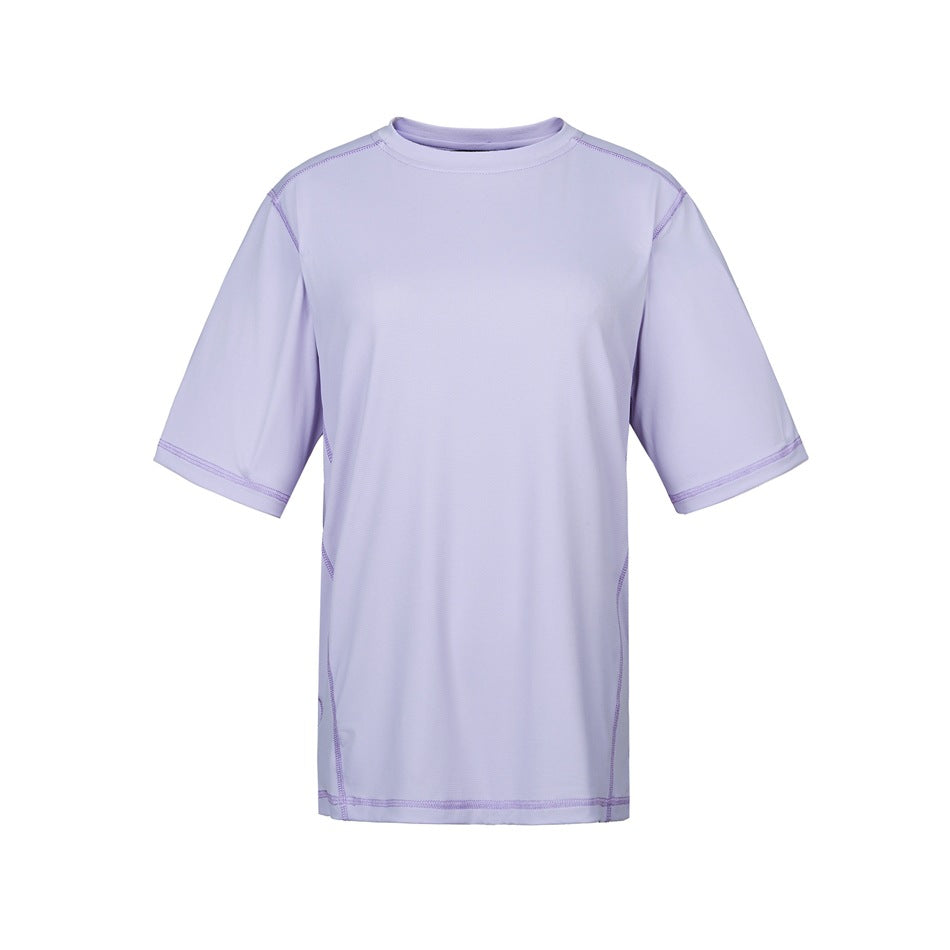 Front view of a plain lavender short-sleeve crew-neck T-shirt on a white background.