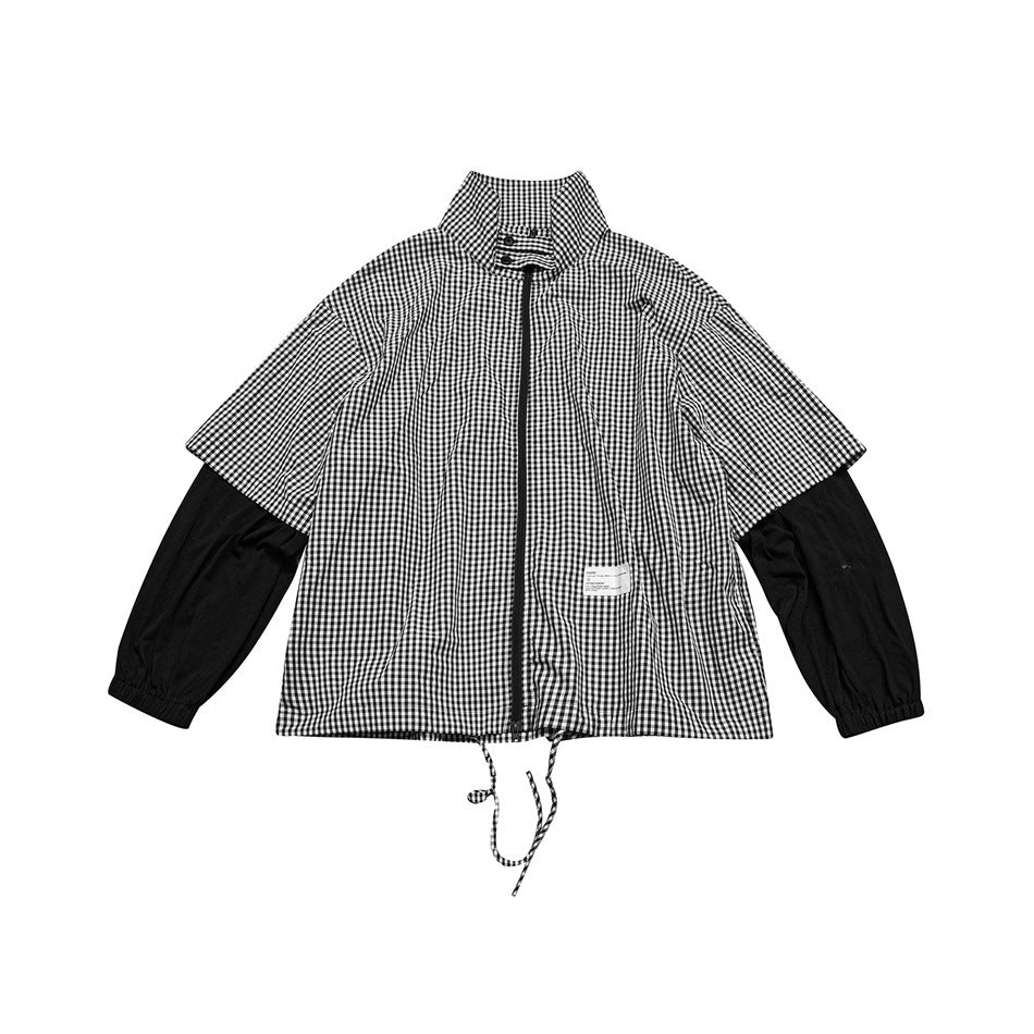 Black and white gingham zip jacket with stand collar, black layered sleeves and drawstring hem, flat lay