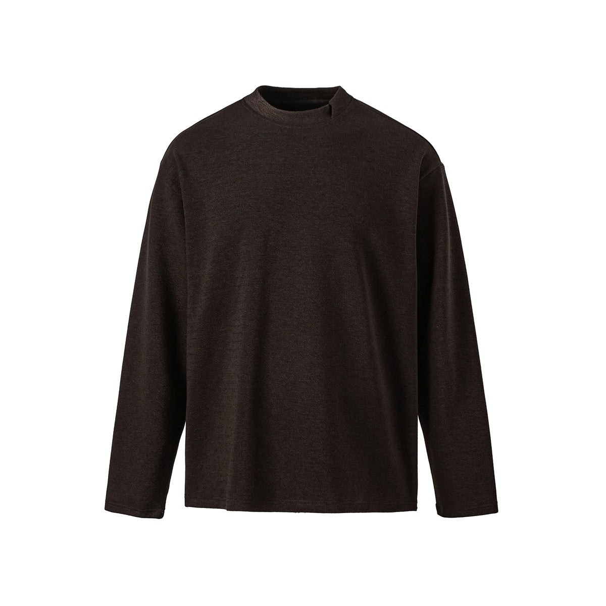 Dark brown long-sleeve pullover top with high round neck and dropped shoulders, flat front view