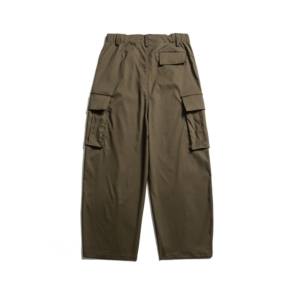 Olive green wide-leg cargo pants back view with flap back pocket, elastic waist and side cargo pockets
