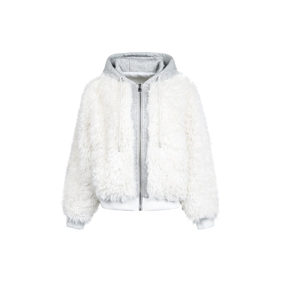 White fleece-like zip hooded jacket with gray hood and inner placket, white ribbed cuffs and hem, front view on plain