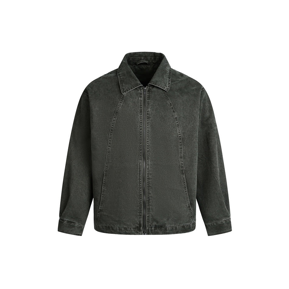 Dark green washed zip-front jacket with turn-down collar and curved seams, flat front view