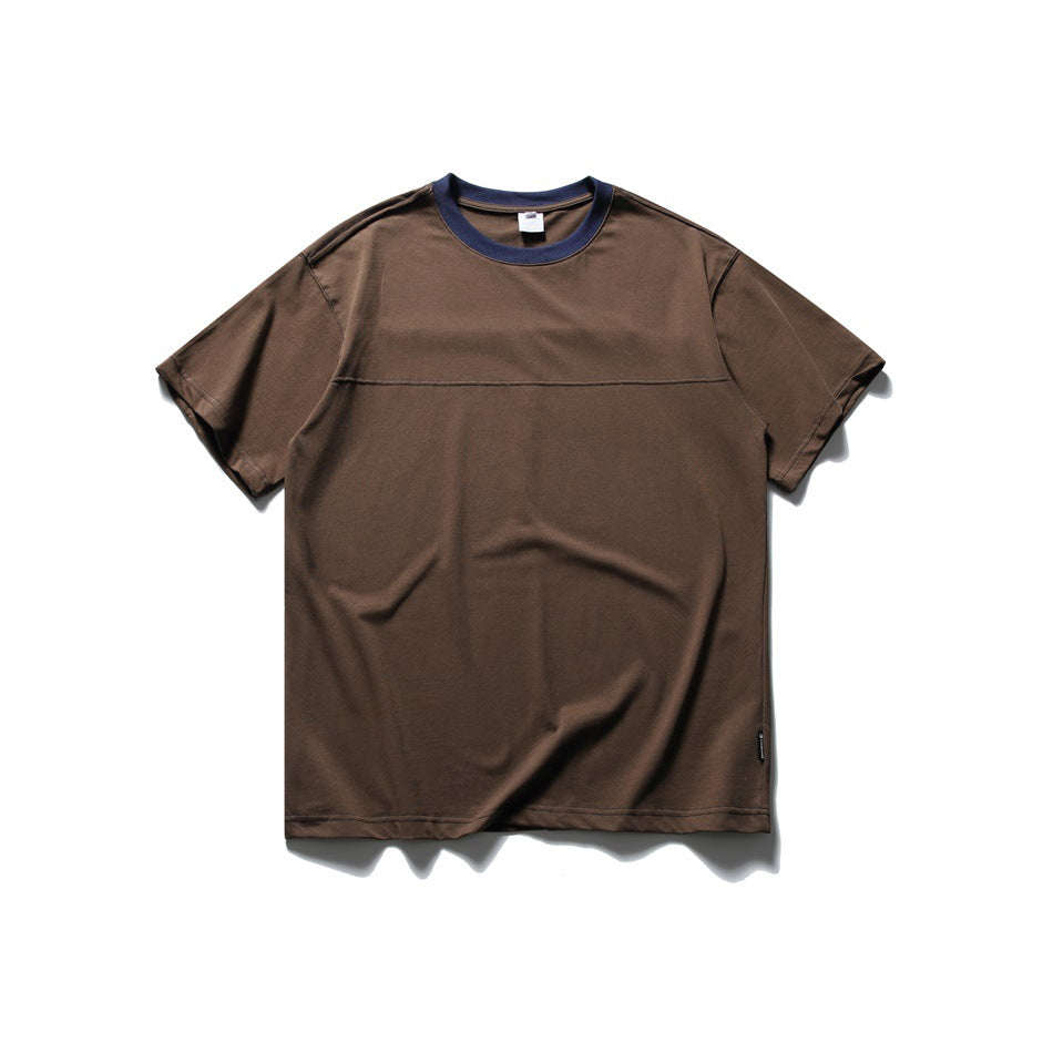 Brown short-sleeve crewneck T-shirt with navy contrast collar and chest seam, flat lay front view