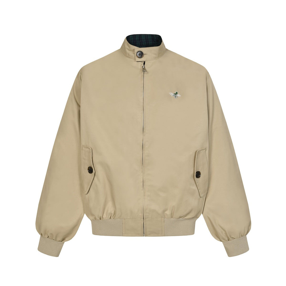 Khaki Harrington-style zip jacket front view with stand collar, plaid collar lining, flap pockets and ribbed cuffs