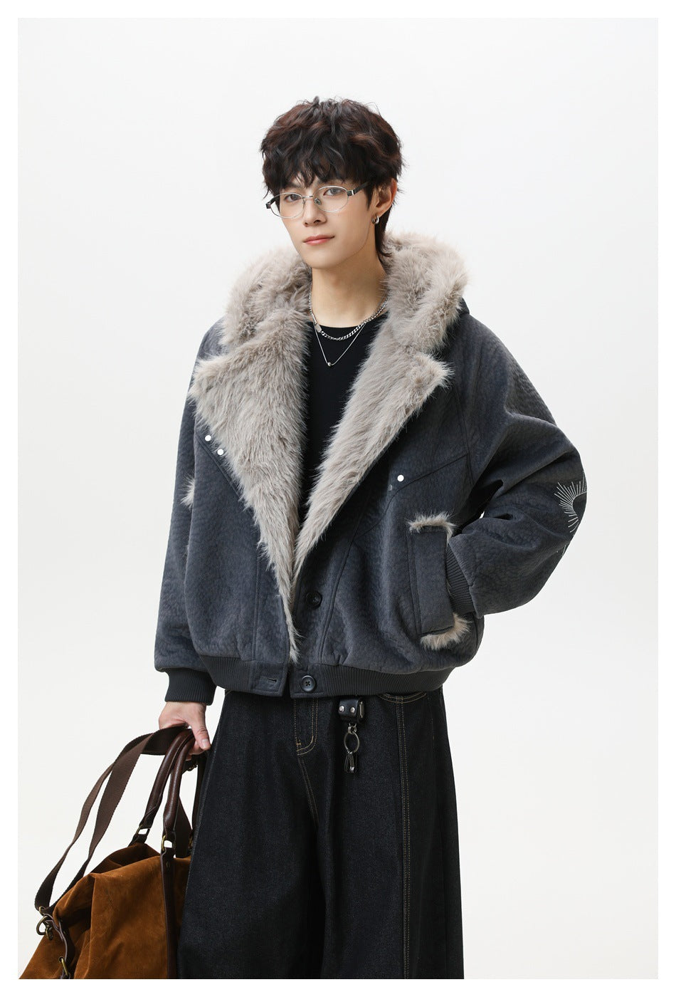 Model wearing a charcoal jacket with an oversized gray faux-fur collar, front buttons, and a sleeve graphic.