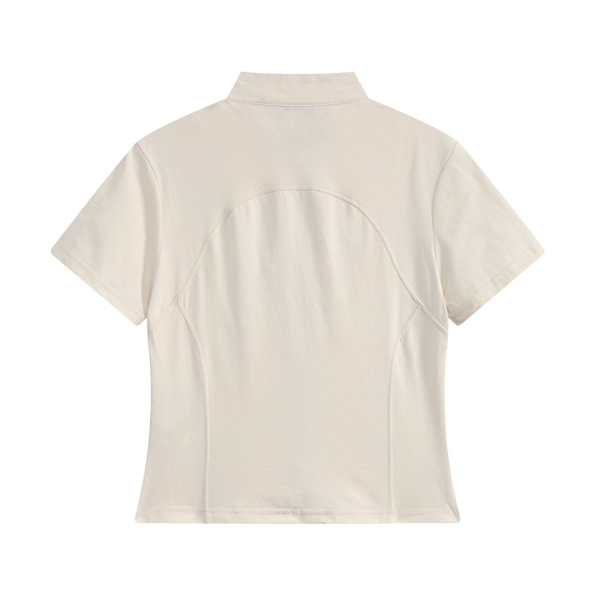 Back view of an ivory short-sleeve zip top with a stand collar and curved panel seams.