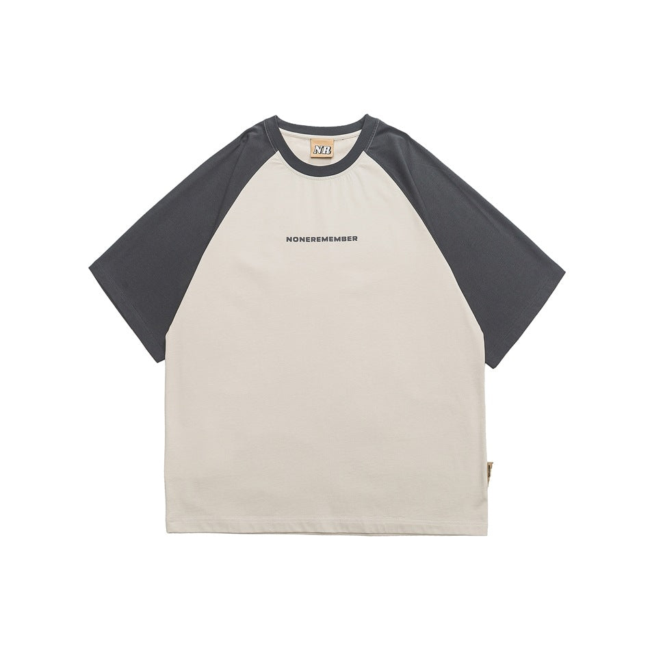 Beige T-shirt with dark gray raglan sleeves and collar, small text print on chest, flat front view