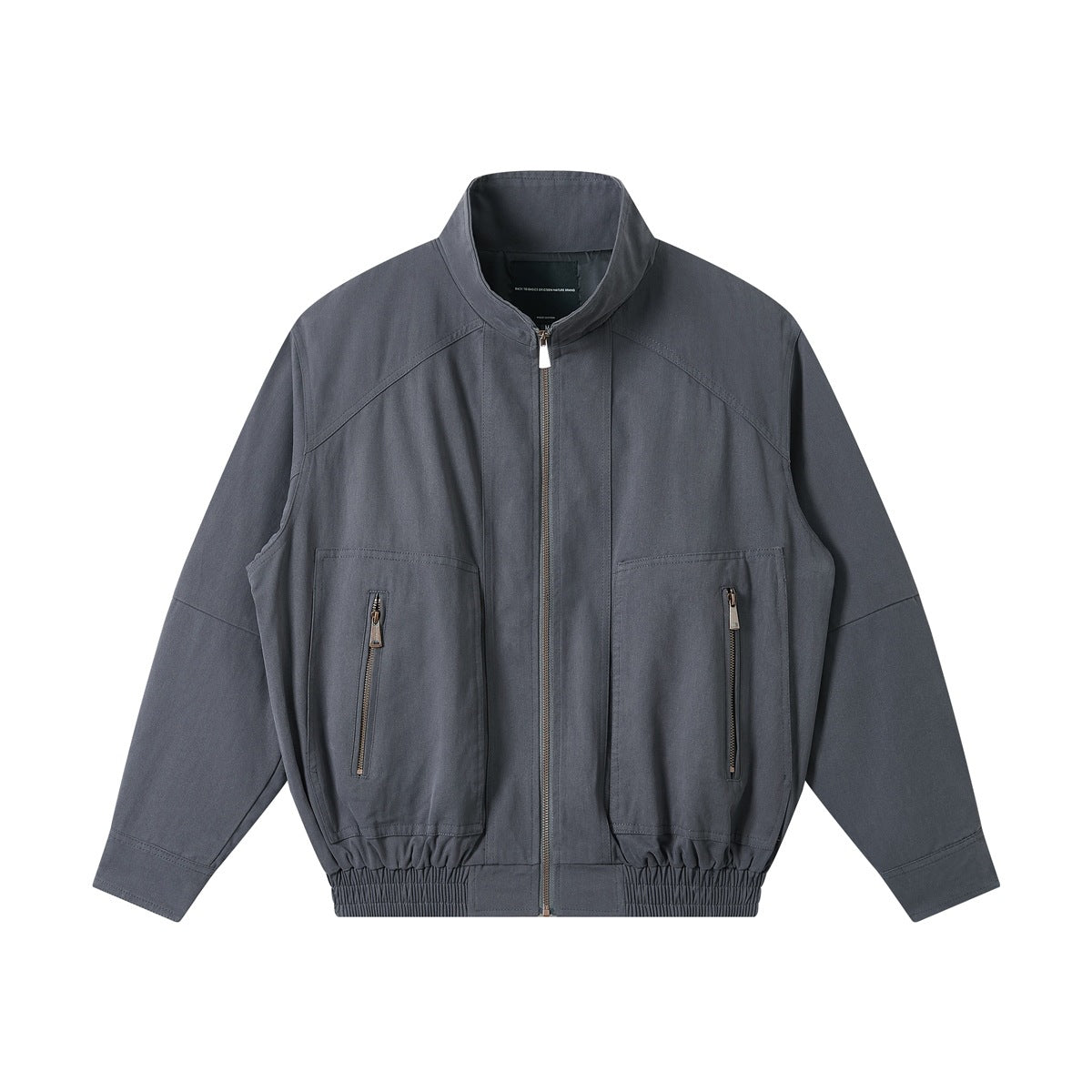 Dark gray stand-collar zip jacket flat lay with two large zip-detail front pockets and elastic hem