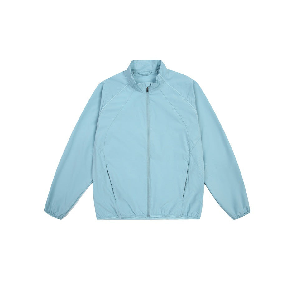 Light blue zip-up stand-collar jacket with raglan sleeves, flat lay front view