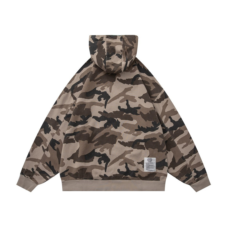 Back view of light tan and brown camouflage hoodie with hood, ribbed cuffs and hem, and a small white label near the hem