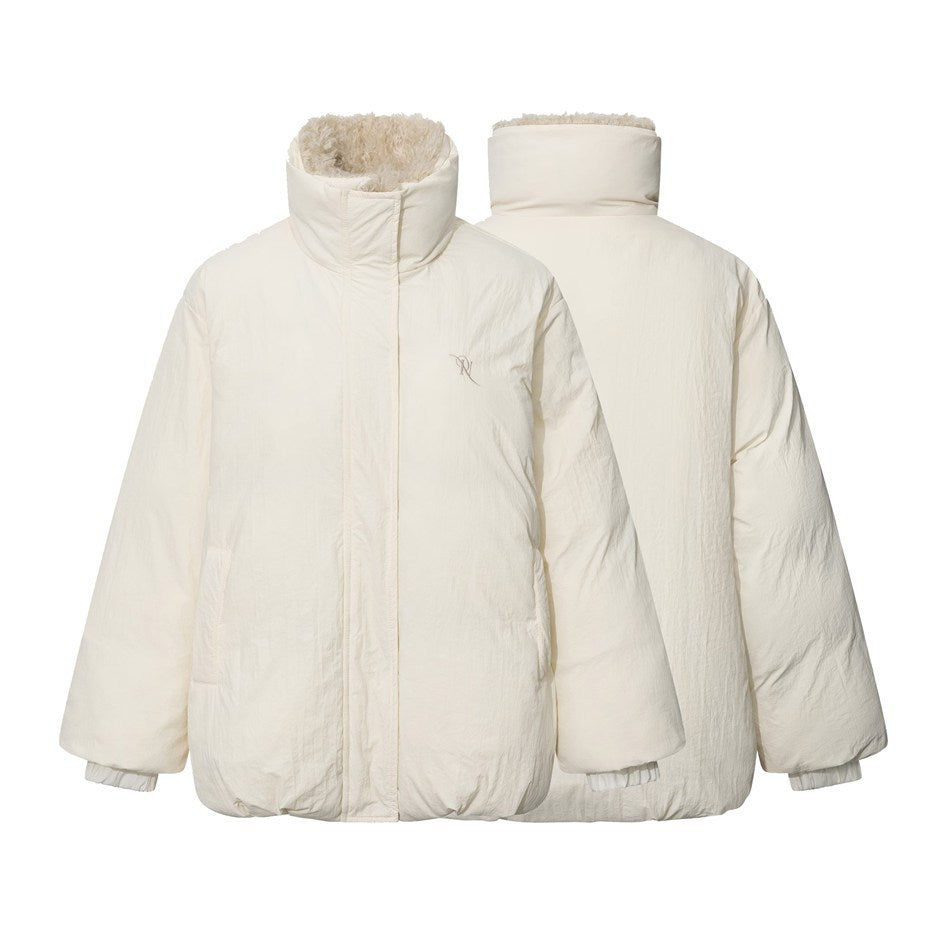 Cream puffer jacket shown from the front and back, with a tall lined collar, covered closure and roomy sleeves.
