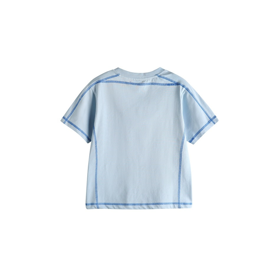 Back view of a pale blue short-sleeve crewneck tee with blue contrast stitching.